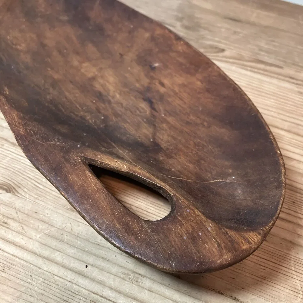 VTG Rustic Wooden Leaf Shape Tray Bowl Trinket Dish 15” Hand Carved Primitive
